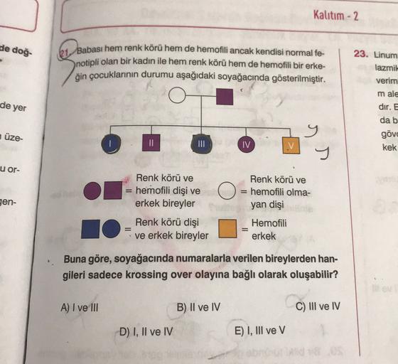 Kalitim - 2
de doğ-
61, Babası hem renk körü hem de hemofili ancak kendisi normal fe-
notipli olan bir kadın ile hem renk körü hem de hemofili bir erke-
ģin çocuklarının durumu aşağıdaki soyağacında gösterilmiştir.
23. Linum
lazmil-
verim
m ale
dir. E
da b