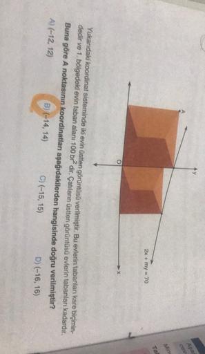 Ase
CON
Min
Tal
2x + my = 70
O
-X
Yukarıdaki koordinat sisteminde iki evin üstten görüntüsü verilmiştir. Bu evlerin tabanları kare biçimin-
dedir ve 1. bölgedeki evin taban alanı 100 b— dir. Çatıların üstten görüntüsü evlerin tabanları kadardır.
Buna göre