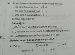 6. Iki sarı tohumlu bezelyenin çaprazlanması sonucu,
• 99 tane homozigot san AA
• 98 tane homozigot yeşil a
• 203 tane heterozigot sari Aa
bezelye elde ediliyor.
Buna göre,
Earı tohum yeşil tohum genine baskındır.
II. Çaprazlanan bezelyelerin genotipleri birbiriyle aynıdır.
III. Çaprazlama sonucu fenotip oranı 3:1'dir.
ifadelerinden hangilerine ulaşılabilir?
A) Yalnız
B) Yalnız III C) I ve II
D) II ve III E) I, II ve III
51
