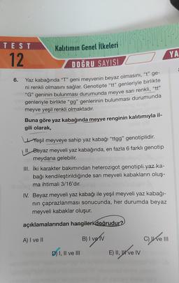 Hileleri
TEST
Kalıtımın Genel ilkeleri
YA
12
DOĞRU SAYISI
6.
Yaz kabağında “T” geni meyvenin beyaz olmasını, "t" ge-
ni renkli olmasını sağlar. Genotipte "tt” genleriyle birlikte
"G" geninin bulunması durumunda meyve sarı renkli, "tt"
genleriyle birlikte “gg" genlerinin bulunması durumunda
meyve yeşil renkli olmaktadır.
Buna göre yaz kabağında meyve renginin kalıtımıyla il-
gili olarak,
Yeşil meyveye sahip yaz kabağı “ttgg" genotiplidir.
II. Beyaz meyveli yaz kabağında, en fazla 6 farklı genotip
meydana gelebilir.
III. İki karakter bakımından heterozigot genotipli yaz ka-
bağı kendileştirildiğinde sarı meyveli kabakların oluş-
ma ihtimali 3/16'dır.
IV. Beyaz meyveli yaz kabağı ile yeşil meyveli yaz kabağı-
nin çaprazlanması sonucunda, her durumda beyaz
meyveli kabaklar oluşur.
açıklamalarından hangileri doğrudur?
A) I ve II
B) I ve IV
) I
C) I ve III
c
D) I, II ve III
) ,
el,
E) II, W ve IV
