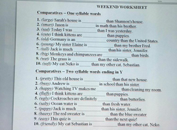 WEEKEND WORKSHEET
Comparatives - One syllable words
1. (large) Sarah's house is
than Shannon's house.
2. (smart) Jason is
in math than his brother.
3. (sad) Today I was
than I was yesterday.
4. (cute, I think kittens are
than puppies
5. (old) Germany is an