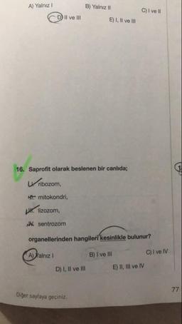 B) Yalnız II
A) Yalnız 1
CD Il ve III
C) I ve II
E) I, II ve III
16. Saprofit olarak beslenen bir canlıda;
W. ribozom,
Mt. mitokondri,
Litt lizozom,
W
sentrozom
organellerinden hangileri kesinlikle bulunur?
C) I ve IV
A) Xalnız!
B) I ve III
E) II, III ve IV
D) I, II ve III
Diğer sayfaya geçiniz.