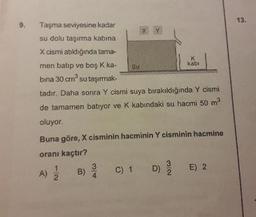 Taşma seviyesine kadar su dolu taşırma kabına X cismi atıldığında tamamen batıp ve boş K kabına 30 cm³ su taşırmaktadır. Daha sonra y cismi suya bırakıldığında y cismi de tamamen batıyor ve K kabındaki su hacmi 50 m³
oluyor.
Buna göre, X cisminin hacminin Y cisminin hacmine
oranı kaçtır?
A) 1/2 
B) 3/ 4
C) 1
D) 3/2 
E) 2