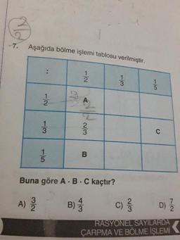 7.
Aşağıda bölme işlemi tablosu verilmiştir.
-
هفت
cnl
wo
Buna göre A.B. C kaçtır?
2) 1 2
RASYONEL SAYILARDA
ÇARPMA VE BÖLME İŞLEMİ
