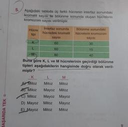Aşağıdaki tabloda üç farklı hücrenin interfaz sonundaki
kromatit sayisi ile bölünme sonunda oluşan hücrelerin
kromozom sayısı verilmiştir.
30
15
Hücre
Interfaz sonunda Bölünme sonundaki
tipi
hücredeki kromatit hücrelerin kromozom
sayisi
sayisi
K
60
L
60
M
40
Buna göre K, L ve M hücrelerinin geçirdiği bölünme
tipleri aşağıdakilerin hangisinde doğru olarak veril-
miştir?
K L M
A Mitoz Mitoz Mitoz
8) Mitoz Mayoz Mitoz
C) Mitoz Mayoz Mayoz
D) Mayoz Mitoz Mayoz
E Mayoz Mitoz Mitoz
BAŞARIDA TEK O