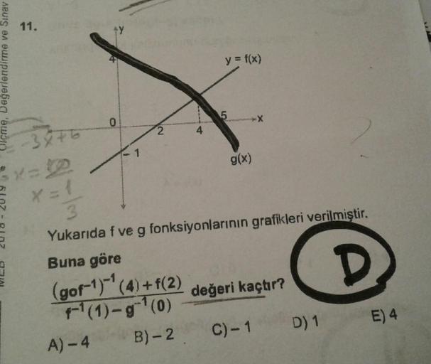 Yukarıda f ve g fonksiyonlarının grafikleri verilmiştir.
Buna göre
(gof-1) (4)+f(2)/f-1(1)-g-1(0)
değeri kaçtır?
A)- 4
B) -2
C) -1
D) 1
E) 4