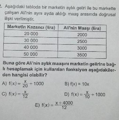 Aşağıdaki tabloda bir marketin aylık geliri ile bu markette
çalışan Ali'nin aynı ayda aldığı maaş arasında doğrusal ilişki verilmiştir.
Marketin Kazancı (lira) Ali'nin Maaşı (lira)
Buna göre Ali'nin aylık maaşını marketin gelirine bağlı hesaplamak iç