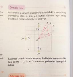 Örnek 139
em
en
Sürtünmesiz yatay S düzleminde şekildeki konumlarda
durmakta olan m, 2m, 2m kütleli cisimler aynı anda
belirtilen hızlarla harekete başlıyor.
5,4
2mo
2m
ya-
cir?
Cisimler O noktasında çarpışıp birbiriyle kenetlendik-
ten sonra 1, 2, 3, 4, 5 numaralı yollardan hangisini
izler?
Cözüm 139