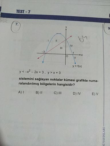 TEST - 7
I
y = f(x)
y<-x2 - 2x + 3, y> x + 3
sistemini sağlayan noktalar kümesi grafikte numa-
ralandırılmış bölgelerin hangisidir?
A)!
B) II
C)III
DIVE) V
Rİ YAYINLARI