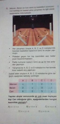 9. Mervan, Baran ve Can isimli üç basketbot.oyuncusu
nun katildig bir basket atma yarışması ile ilgii olarak
asagıdakiler blinmektedir
Her yarışmacı sırayla A. B, C ve D noktalarında
bulunan basketbol toplarının tümü ile atışlar yap-
mıştır.
Potadan geçen her top üzerindeki sayı kadar
puan kazandırmaktadır
Farklı numaralı topların tümü en az bir kez pota-
dan geçmiştir.
Yarışmacılar A, B. C ve D noktalarının her birinde
birer isabetli atış yapmıştır.
isabet eden atışların A, B. C, D noktalarına góre da-
gulimı aşağıdaki tabloda verilmiştir.
B.
D.
Mervan
Baran
3.
1.
Can
6.
Yapılan atışlar sonucunda en çok puan toplayan
kişi Can olduğuna göre, aşağıdakilerden hangisi
kesinlikle yanlıştır?
A) x > z >y
B) y >x > z
C) z > y >x
D) x > y> 2
E) y > z> x