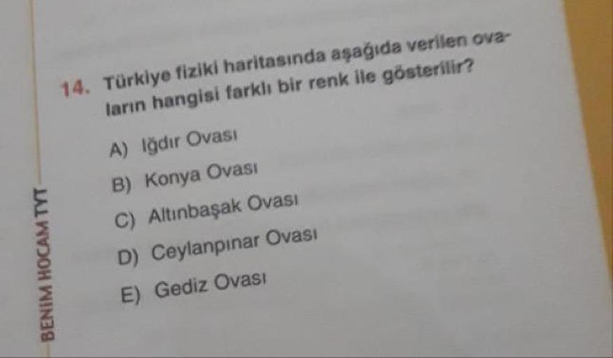 Türkiye fiziki haritasında aşağıda verilen ovaların hangisi farklı bir renk ile gösterilir?
A) Iğdır Ovası
B) Konya Ovası
C) Altınbaşak Ovası
D) Ceylanpınar Ovası
E) Gediz Ovası