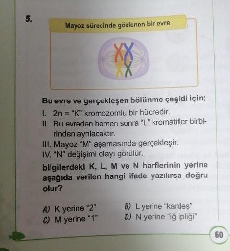 Mayoz sürecinde gözlenen bir evre
Bu evre ve gerçekleşen bölünme çeşidi için;
1. 2n = "K" kromozomlu bir hücredir.
II. Bu evreden hemen sonra "L" kromatitler birbi-
rinden ayrılacaktır.
III. Mayoz "M" aşamasında gerçekleşir.
IV. "N" değişimi olayı görülür.