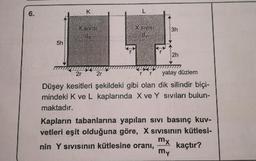 X SIVISI
13h
5h
2h
TIT
yatay düzlem
Düşey kesitleri şekildeki gibi olan dik silindir biçi-
mindeki K ve L kaplarında X ve Y siviları bulun-
maktadır.
Kapların tabanlarına yapılan sivi basınç kuv-
vetleri eşit olduğuna göre, X Sivisinin kütlesi-
nin Y SIVISinin kütlesine oranı, kaçtır?
my