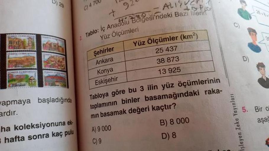 C) 4 700
Pic
-ALISUch
na dolu Bölgesi'ndeki Bazilien
Tablo: Iç Anadolu Bag
Yüz Ölçümleri
Şehirler
Ankara
Konya
Eskişehir
Yüz Ölçümler (km)
25 437
38 873
13 925
Tabloya göre bu 3 ilin yüz öçümlerinin
toplamının binler basamağındaki raka-
min basamak değeri 