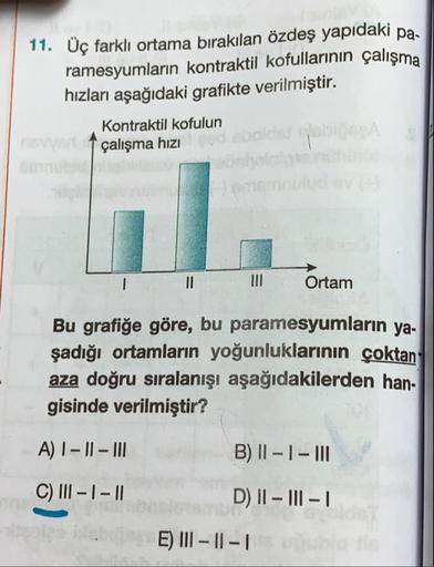 11. Üç farklı ortama bırakılan özdeş yapıdaki pa.
ramesyumların kontraktil kofullarının çalışma
hızları aşağıdaki grafikte verilmiştir.
Kontraktil kofulun
1 çalışma hizi
I
L
III
Ortam
Bu grafiğe göre, bu paramesyumların ya-
şadığı ortamların yoğunluklarını