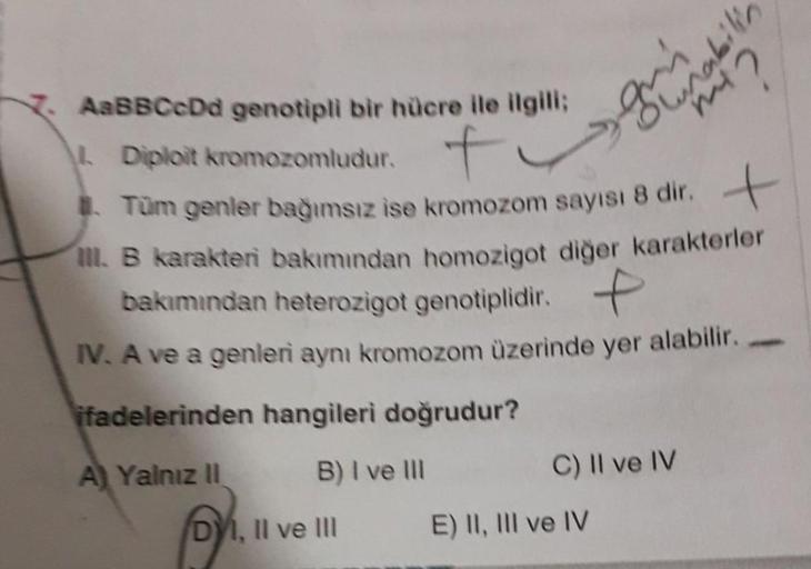 AaBBCcDd genotipli bir hücre ile ilgili;
gunabilio
Diploit kromozomludur.
1. Tüm genler bağımsız ise kromozom sayisi o
- karakteri bakımından homozigot diğer karakterler
bakımından heterozigot genotiplidir. 7
IV. A ve a genleri aynı kromozom üzerinde yer a