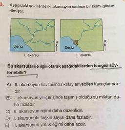 Aşağıdaki şekillerde iki akarsuyun sadece bir kısmı göste-
rilmiştir.
Deniz
Deniz
I. akarsu
II. akarsu
Bu akarsular ile ilgili olarak aşağıdakilerden hangisi söy-
lenebilir?
A) II. akarsuyun havzasında kolay eriyebilen kayaçlar var-
dır.
B) I. akarsuyun yıl içerisinde taşımış olduğu su miktarı da-
ha fazladır.
C) II. akarsuyun rejimi daha düzenlidir.
D) 1. akarsudaki taşkın sayısı daha fazladır.
E) II. akarsuyun yatak eğimi daha azdır.