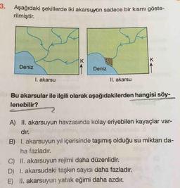 Aşağıdaki şekillerde iki akarsuyun sadece bir kısmı göste-
rilmiştir.
Deniz
Deniz
I. akarsu
II. akarsu
Bu akarsular ile ilgili olarak aşağıdakilerden hangisi söy-
lenebilir?
A) II. akarsuyun havzasında kolay eriyebilen kayaçlar var-
dır.
B) I. akarsuyun yıl içerisinde taşımış olduğu su miktarı da-
ha fazladır.
C) II. akarsuyun rejimi daha düzenlidir.
D) 1. akarsudaki taşkın sayısı daha fazladır.
E) II. akarsuyun yatak eğimi daha azdır.
