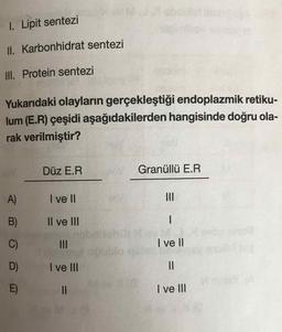I. Lipit sentezi
II. Karbonhidrat sentezi
II. Protein sentezi
Yukarıdaki olayların gerçekleştiği endoplazmik retiku-
lum (E.R) çeşidi aşağıdakilerden hangisinde doğru ola-
rak verilmiştir?
Düz E.R
Granüllü E.R
A)
I ve II
II
B)
Il ve lII
C)
II
I ve l
D)
I ve II
E)
II
I ve lII