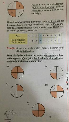 Yanda 1 ve 4 numaralı dilimleri
beyaza, 2 ve 3 numaralı dilimleri
turuncuya boyanmış olan bir kart
verilmiştir.
Her adımda bu karttaki dilimlerden sadece birisinin rengi
beyazdan turuncuya veya turuncudan beyaza dönüştürü-
lecektir. Aşağıdaki tabloda hangi