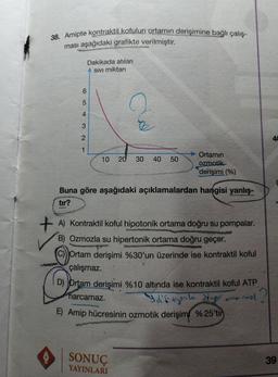 contraktil kofulun ortamın derişimine bağlı çalış-
38. Amipte kontraktil koful
ması aşağıdaki grafikte verilmiştir.
Dakikada atılan
A sivi miktari
ܗ
ܗ
ܠܛ
ܚ
ܝ
10
20
30
40 50
Ortamın
ozmotik
derişimi (%)
Buna göre aşağıdaki açıklamalardan hangisi yanlış-
tır?
+
A) Kontraktil koful hipotonik ortama doğru su pompalar.
B) Ozmozla su hipertonik ortama doğru geçer.
C) Ortam derişimi %30'un üzerinde ise kontraktil koful
çalışmaz.
D) Ortam derişimi %10 altında ise kontraktil koful ATP
harcamaz.
Idiftgento diger ona nast 2
E) Amip hücresinin ozmotik derişimi %25'tin
SONUÇ
YAYINLARI