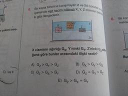 bi G, oluyul.
e 2d özkütleli sivi
z cisimleri şekilde
Bir kapta birbirine karışmayan d ve 2d.
içerisinde eşit hacim bölmeli X, Y, Z cie
ki gibi dengededir.
6.
Bir kon
mekte
er çekimi ivme-
X cisminin ağırlığı Gx, Y'ninki Gy, Z’ninki G, oldu
ğuna göre bunlar arasındaki ilişki nedir?
Bul
C) I ve II
A) G₂ > Gy>
G B ) Gx > Gy > G₂
(C) G₂ > Gy > G D G x = Gy > G₂
E) Gz > Gx = GY
