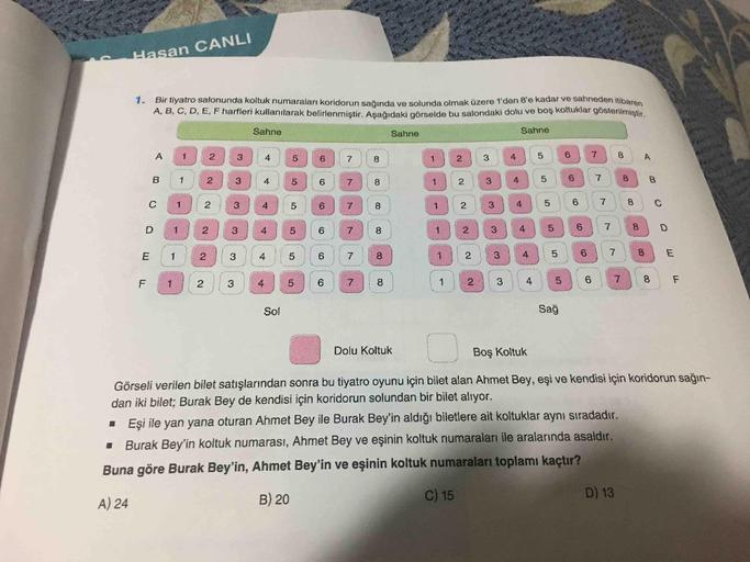 Hasan CANLI
1. Bir tiyatro salonunda koltuk numaraları koridorun sağında ve solunda olmak üzere
A, B, C, D, E, F harfleri kullanılarak belirlenmiştir. Aşağıdaki görselde bu salona
e sahneden itibaren
koltuklar gösterilmiştir.
Sahne
Sahne
Sahne
A 1 2
B 1 2
