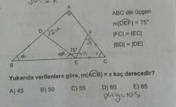 2t
ABC dik üçgen
M(DEF) = 75°
|FC| = |EC|
|BD| = |DE|
75°
Yukarıda verilenlere göre, m(ACB) = x kaç derecedir?
A) 45 B) 50 C) 55 D) 60 E) 65
xty=103