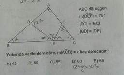 2t
ABC dik üçgen
M(DEF) = 75°
|FC| = |EC|
|BD| = |DE|
75°
Yukarıda verilenlere göre, m(ACB) = x kaç derecedir?
A) 45 B) 50 C) 55 D) 60 E) 65
xty=103
