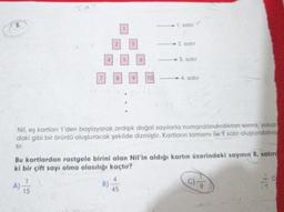 1. satur
2. satir
3. satır
E
B
2
19
—4. satır
Nil, eş kartları 1'den başlayarak ardışık doğal sayılarla numaralandırdıktan sonra, yukan
daki gibi bir örüntü oluşturacak şekilde dizmiştir. Kartların tamamı ile 9 satir oluşturabilmiy
Bu kartlardan rastgele birini alan Nil'in aldığı kartın üzerindeki sayının 8. satırd
ki bir çift sayı olma olasılığı kaçtır?
A) 15
