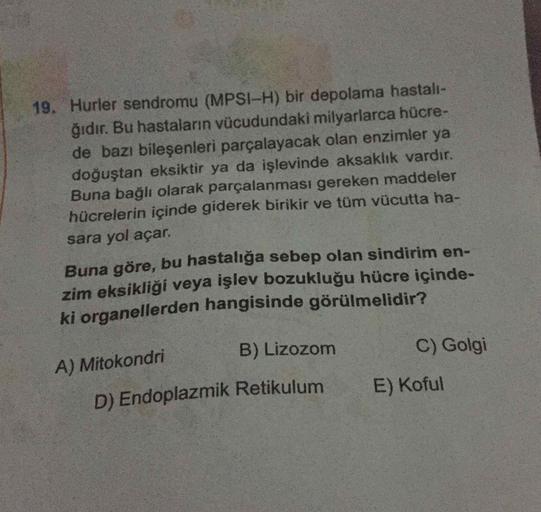 19. Hurler sendromu (MPSI-H) bir depolama hastalı-
ğıdır. Bu hastalann vücudundaki milyarlarca hücre-
de bazı bileşenleri parçalayacak olan enzimler ya
doğuştan eksiktir ya da işlevinde aksaklik vardir.
Buna bağlı olarak parçalanması gereken maddeler
hücre