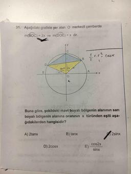 31. Aşağıdaki grafikte yer alan O merkezli çemberde
M(BOC) = 2x ve M(DOE) = x dir.
B – .? cosx
Buna göre, şekildeki mavi boyalı bölgenin alanının sarı
boyalı bölgenin alanına oranının x türünden eşiti aşa-
ğıdakilerden hangisidir?
A) 2tanx
B) tanx
2sinx
cos2x
D) 2cosx
sinx