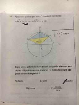 31. Aşağıdaki grafikte yer alan O merkezli çemberde
M(BOC) = 2x ve M(DOE) = x dir.
B – .? cosx
Buna göre, şekildeki mavi boyalı bölgenin alanının sarı
boyalı bölgenin alanına oranının x türünden eşiti aşa-
ğıdakilerden hangisidir?
A) 2tanx
B) tanx
2sinx
cos2x
D) 2cosx
sinx
