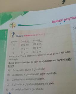 ÖRNEKLİ ALIŞTIRI
Se
UNITE - 2
Sorunu
KARIŞIMLAR
Çözelti Çözünen Çözücü
20 g tuz 100 g su
36 g tuz 150 g su
Z
30 g tuz 200 g su
Yukanda X, Y ve Z cözeltilerindeki çözünen ve çözücü miktarları
verilmiştir.
Buna göre çözeltiler ile ilgili aşağıdakilerden hangisi yans
lıştır?
A) En seyreltik çözelti z çözeltisidir.
B) X çözeltisi, Y çözeltisinden daha seyreltiktir.
C) Z çözeltisinin kütlesi en fazladır.
D) Z çözeltisi X çözeltisinden daha derişiktir.
E) En derişik çözelti Y çözeltisidir.
