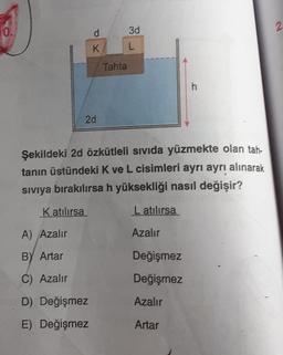 10.
3d
Tahta
2d
Şekildeki 2d özkütleli sıvıda yüzmekte olan tah-
tanın üstündeki K ve L cisimleri ayrı ayrı alınarak
SIviya bırakılırsa h yüksekliği nasıl değişir?
K atılırsa
L atılırsa
A) Azalır
Azalır
BY Artar
Değişmez
C) Azalır
Değişmez
D) Değişmez
Azalır
E) Değişmez
Artar
2.
