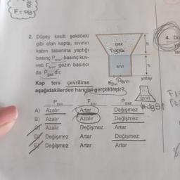 F=PBY
2. Düşey kesiti şekildeki
gibi olan kapta, sivinın
kabın tabanına yaptığı
4. Dü
gaz
ya
Pgole
Tar
basınç Pey, basınç kuv-
SIVI
veti F
SIVI gazin basıncı
SIVI
h.
da P
dır.
gaz
yatay
Kap ters
çevrilirse
FSm Pervs
Fslvi
aşağıdakilerden hangisi gerçekleşir?
P.
SIVI
F.
SIVI
trdg3
gaz
A) Azalır
Artar
Değişmez
B) Azalır
Azalır
Değişmez
Azalır
Değişmez
Artar
DY Değişmez
EX Değişmez
Artar
Değişmez
Artar
Artar
