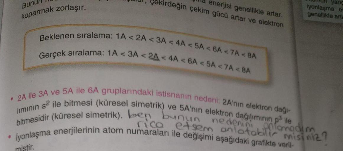 enerjisi genellikle artar.
kirdeğin çekim gücü artar ve elektron
yarıç
iyonlaşma er
genellikle arta
Bunu
koparmak zorlaşır.
Beklenen sıralama: 1A < 2A < 3A < 4A < 5A < 6A <7A <8A
Gerçek sıralama: 1A < 3A < 2A< 4A < 6A < 5A <7A < 8A
2A ile 3A ve 5A ile 6A g