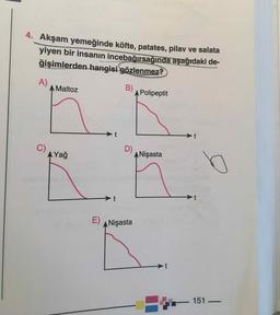 4. Akşam yemeğinde köfte, patates, pilav ve salata
yiyen bir insanın incebağırsağında aşağıdaki de-
ğişimlerden hangisi gözlenmez?
A)
A Maltoz
B)
A Polipeptit
C)
AYağ
D)
ANişasta
t
E)
ANişasta
>t
-151-
