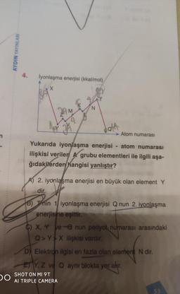 4.
İyonlaşma enerjisi (kkal/mol)
N.
dalt
Atom numarası
Yukarıda iyonlaşma enerjisi - atom numarası
ilişkisi verilen A grubu elementleri ile ilgili aşa-
ğıdakilerden hangisi yanlıştır?
A) 2. iyonlaşma enerjisi en büyük olan element Y
dir.
B) Tnin 1 iyonlaşma enerjisi Q nun 2. iyonlaşma
enerjisine eşittir.
C) X, Y ve-e nun periyot, numarası arasındaki
Q Y X ilişkisi vardır.
D) Elektron ilgisi en fazla olan element N dir.
Y, Z ve Q aynı blokta yer akr.
SHOT ON MI 9T
Al TRIPLE CAMERA
53
AYDIN YAYINLARI