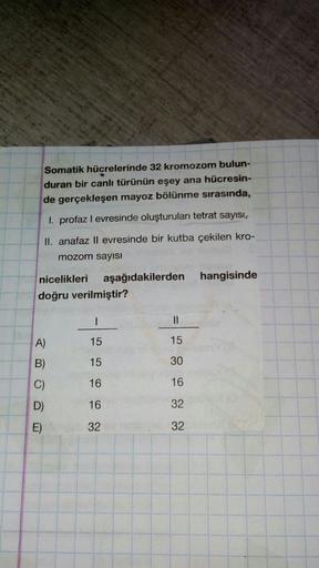 Somatik hücrelerinde 32 kromozom bulun-
duran bir canlı türünün eşey ana hücresin-
de gerçekleşen mayoz bölünme sırasında,
I. profaz I evresinde oluşturulan tetrat sayıSI,
II. anafaz II evresinde bir kutba çekilen kro-
mozom sayısı
nicelikleri
aşağıdakiler