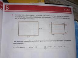 KAREKOD
YAYINLARI
Bölüm 1
NIF
8.SINIF
Uzunlukları (4x + 9) cm ve (4x - 5) cm olan çubuklardan ikişer tane alınıp uç uca birleştirile-
rek bir dikdörtgen elde ediliyor. Bu çubuklar dört bir yönde (x + 1) cm kaydırılarak aşağıdaki gibi
3.
yeni bir dikdörtgen elde ediliyor.
x+1
X+1
X +1
x+1
4x -5
X +1
X+1
X+1
X+1
4x + 9
Son durumda elde edilen yeni dikdörtgenin alanının cm² cinsinden ifadesi aşağıdakiler-
den hangisidir?
B) 4x2 – 49
2)4x2 + 14x + 49
D) 4x + 49
A) 4x -14x + 49