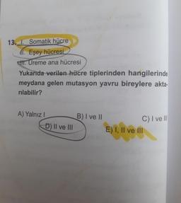 13. 1. Somatik hücre
41. Eşey hücresi
t. Ureme ana hücresi
Yukarıda verilen hücre tiplerinden hangilerinde
meydana gelen mutasyon yavru bireylere akta-
rılabilir?
A) Yalnız I
B) I ve II
C) I ve II
D) II ve III
E) I, Il ve lII