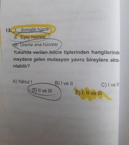 13. 1. Somatik hücre
41. Eşey hücresi
t. Ureme ana hücresi
Yukarıda verilen hücre tiplerinden hangilerinde
meydana gelen mutasyon yavru bireylere akta-
rılabilir?
A) Yalnız I
B) I ve II
C) I ve II
D) II ve III
E) I, Il ve lII
