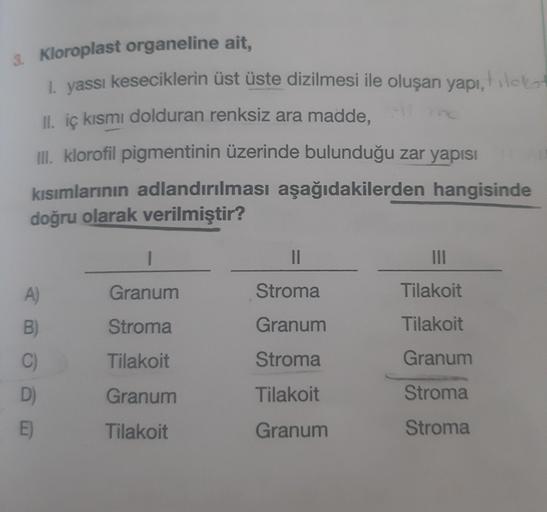 Kloroplast organeline ait,
I. vassı keseciklerin üst üste dizilmesi ile oluşan yapı,
II. iç kısmı dolduran renksiz ara madde,
II. klorofil pigmentinin üzerinde bulunduğu zar yapısı

kısımlarının adlandırılması aşağıdakilerden hangisinde
doğru olarak