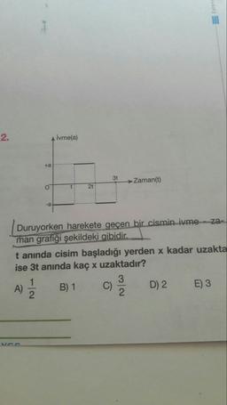 ivme(a)
+a
3t
Zaman(t)
2t
-a-
Duruyorken harekete geçen bir cismin ivme-za-
man grafiği şekildeki gibidir.
t anında cisim başladığı yerden x kadar uzakta
ise 3t anında kaç x uzaktadır?
1
A)
B) 1
3.
C)
D) 2
E) 3
2.
Evrens