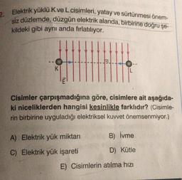 2. Elektrik yüklü K ve L cisimleri, yatay ve sürtünmesi önem-
siz düzlemde, düzgün elektrik alanda, birbirine doğru şe-
kildeki gibi aynı anda fırlatılıyor.
K
Cisimler çarpışmadığına göre, cisimlere ait aşağıda-
ki niceliklerden hangisi kesinlikle farklıdır? (Cisimle-
rin birbirine uyguladığı elektriksel kuvvet önemsenmiyor.)
A) Elektrik yük miktarı
B) İvme
C) Elektrik yük işareti
D) Kütle
E) Cisimlerin atılma hızı