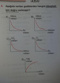 4. Aşağıda verilen grafiklerden hangisi lökoplast
için doğru verilmiştir?
Niwsla
Glikoz
A)
miktarı
Glikoz
B)
A miktarı
> Su
→ Glikojen
miktarı
miktarı
hehisE
C)A CO,
miktarı
D)A O2
miktarı
Glikoz
miktarı
Su
miktarı
E), Yağ
miktarı
ATP
miktarı
