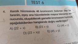 TEST 6
4.
Kemik hücresinde 46 kromozom bulunan dişi bir
farenin, eşey ana hücrelerinde mayoz bönüme so-
nucunda, oluşabilecek gametin kromozom formülü
aşağıdakilerden hangisinde doğru verilmiştir?
A) (22 + x)
B) (23 + y)
C) (46 + y)
D) (23 + xy)
E) (45 +y)
I07 bölün
