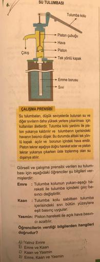 SU TULUMBASI
6.
Tulumba kolu
Piston çubuğu
Hava
→ Piston
Çıkış
Tek yönlü kapak
eb
Emme borusu
SıvI
sn ÇALIŞMA PRENSİBİ
Su tulumbaları, düşük seviyelerde bulunan su ve
diğer sıvıların daha yüksek yerlere çıkarılması için
kullanılan âletlerdir. Tulumba kolu