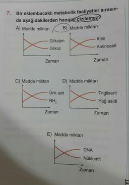 . Bir eklembacaklı metabolik faaliyetler sırasın-
da aşağıdakilerden hangist çizilemez?
A) Madde miktarı
B) Madde miktarı
Kitin
Glikojen
Aminoasit
Glikoz
Zaman
Zaman
C) Madde miktarı
D) Madde miktarı
Ürik asit
Trigliserit
NH,
Yağ asidi
Zaman
Zaman
E) Madde miktarı
DNA
Nükleotit
Zaman